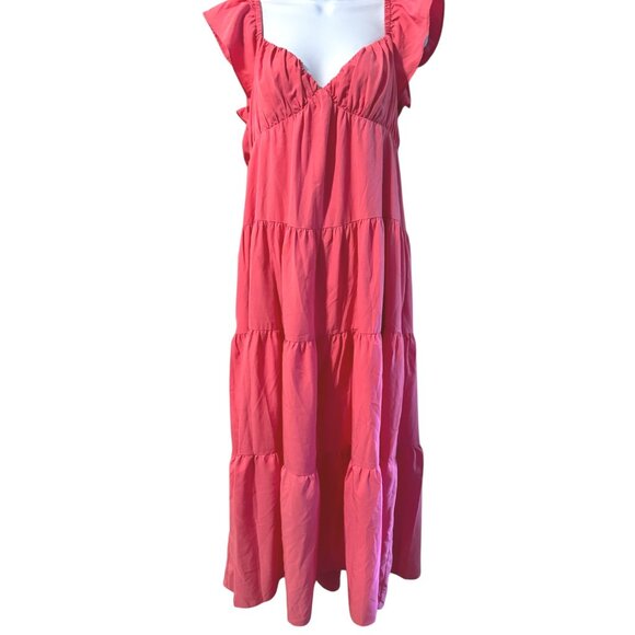 NWT Endless Rose Tiered Maxi Dress Ruffle Sleeve Coral Pink Sundress Women Small - Picture 1 of 7